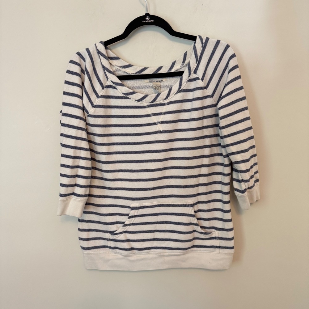 Lucky Brand Womens Navy White Striped 100% Cotton Sweatshirt 3/4 Sleeve Size M